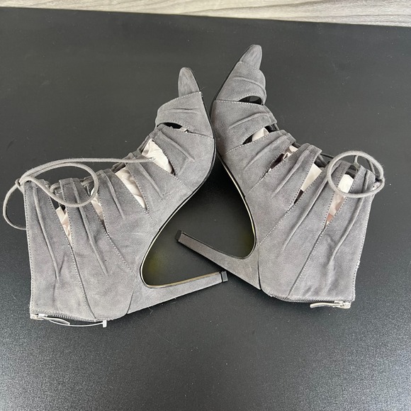 BCBGeneration Sandals Bootie Womens 9 Grey Suede Peep-Toe Lace Up Stiletto Heels - Picture 8 of 15